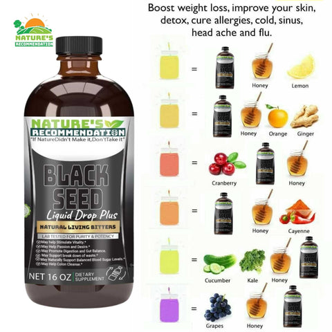 Nature’s Recommendation Living Bitters – herbal detox and digestion support formula with black seed, elderberry, and 30+ organic ingredients.