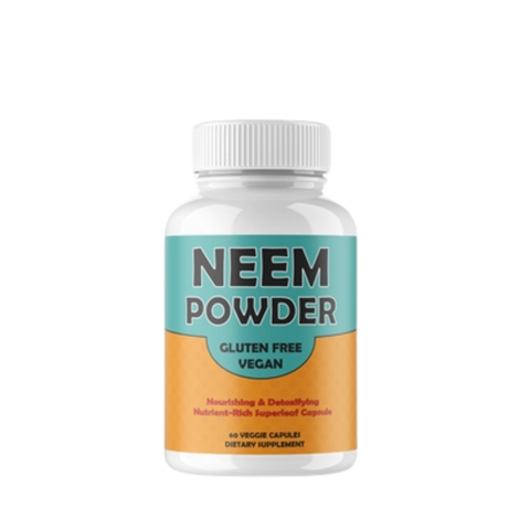 A bottle of Salam Nutrition Neem Powder 500 MG capsules, with 60 capsules inside. The bottle is white with a teal label that includes the product name and description.