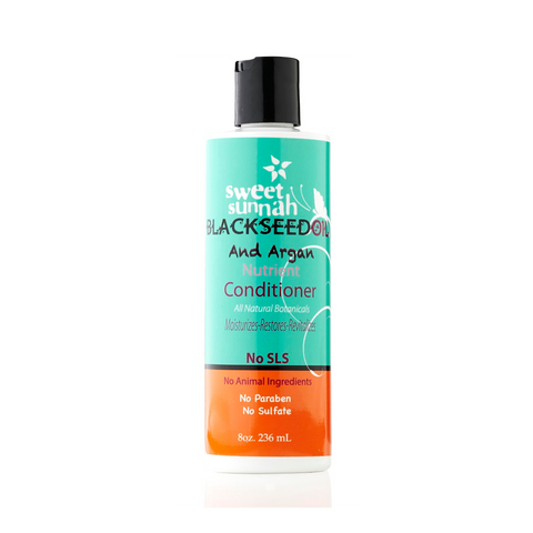 A bottle of Black Seed Oil & Argan Nutrient Conditioner by Sweet Earth, with a label indicating it is an 8 oz product. The packaging is predominantly teal with orange and white accents.