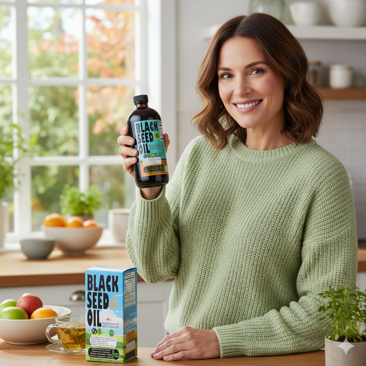 Woman holding a bottle of Black Seed Oil in a kitchen setting