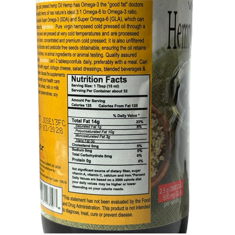 Cold Pressed Extra Virgin Hemp Seed Oil - 16 oz.