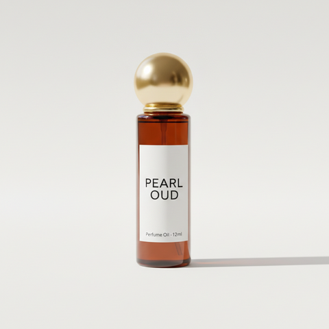 Perfume oil bottle labeled 'Pearl Oud' with a gold cap on a white background