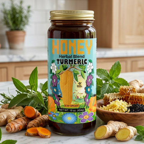 Jar of Honey Herbal Blend Turmeric supplement on a kitchen counter with turmeric roots and honeycomb.