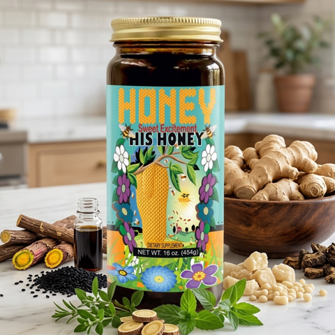 Jar of honey with a colorful label on a kitchen counter, surrounded by ginger and other ingredients.