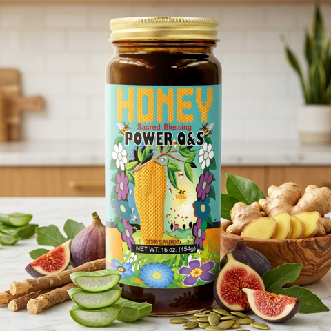 Jar of 'Honey Power & S' with natural ingredients on a kitchen counter