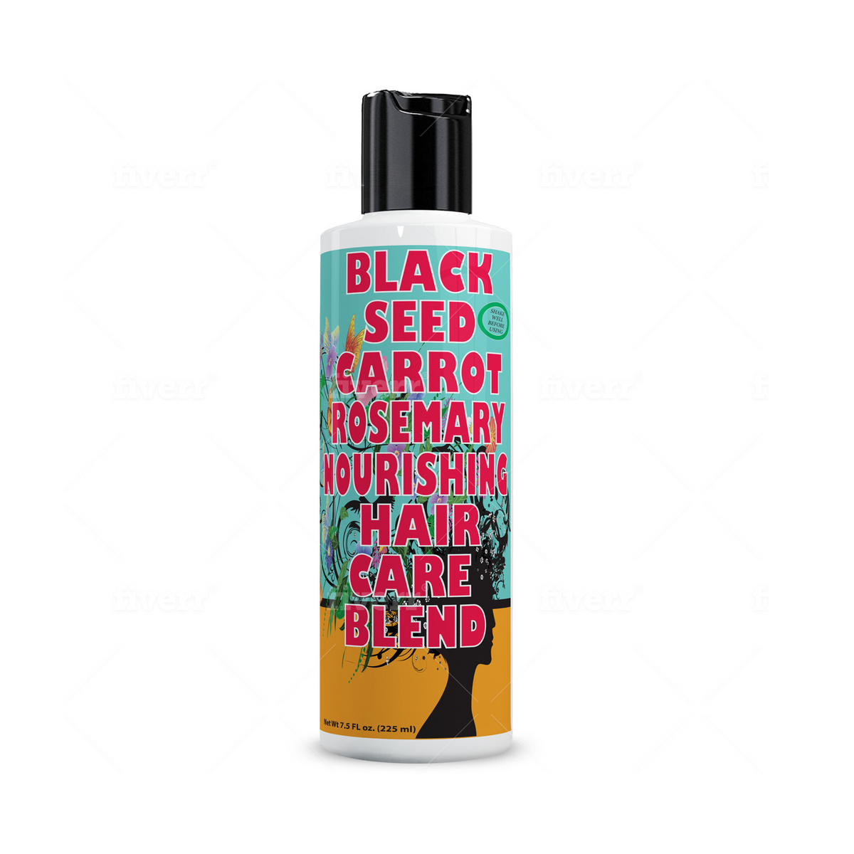 A bottle of Black Seed, Carrot & Rosemary Nourishing Hair Care Blend, 4 oz size, with product information and branding on the label.